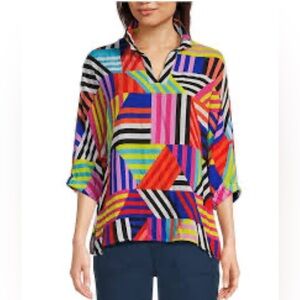 Ali Miles S Multiple Stripe Print Woven Split V-Neck 3/4 Sleeve Pop Ove…
